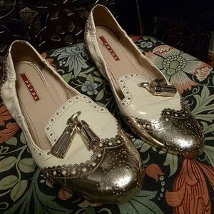 Prada Women's White and Silver Loafers